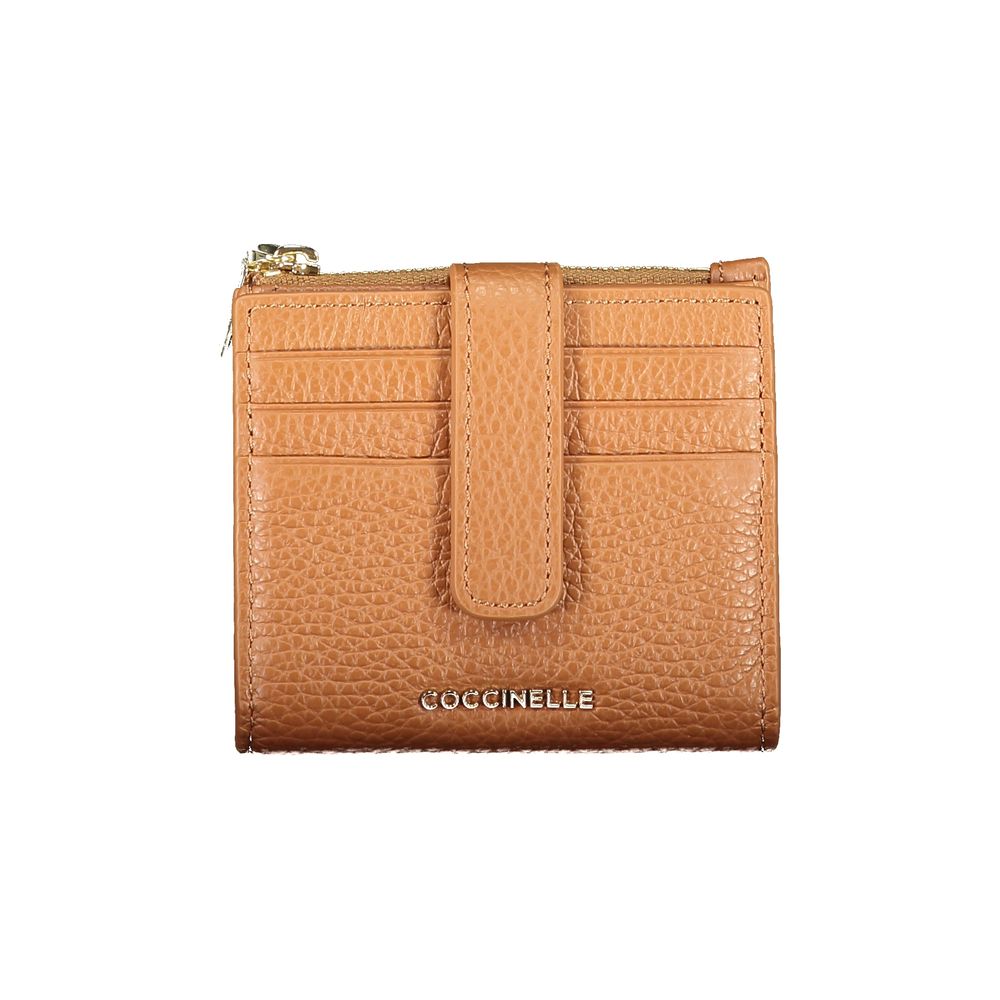 Coccinelle Brown Leather Women Wallet with card slots, zipper coin purse, and elegant tan finish for modern sophistication.