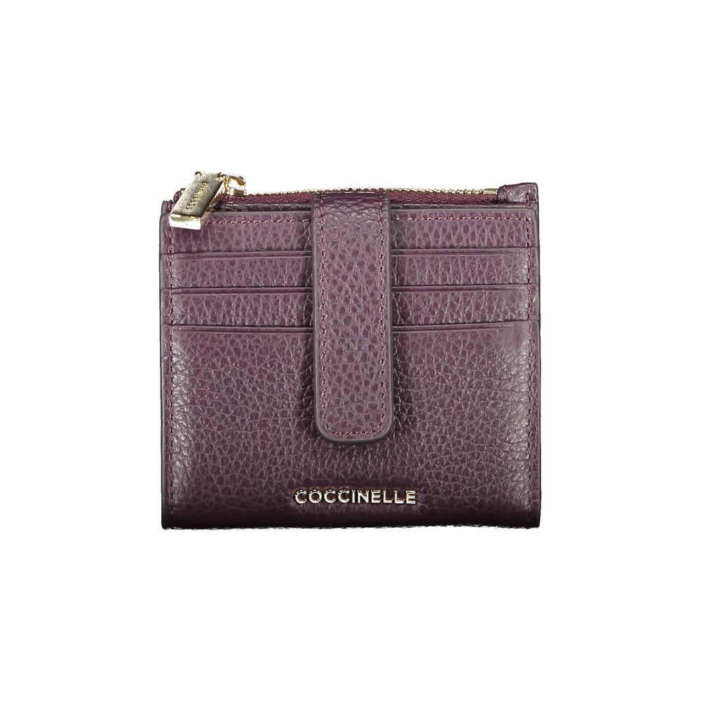 Coccinelle Purple Leather Women Wallet with embossed logo, triple card space, and secure storage, showcasing elegant purple leather design.