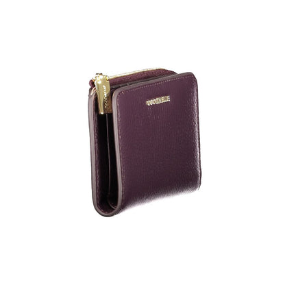 Coccinelle Purple Leather Women Wallet with metallic soft finish, featuring zip and snap closure, elegant accessory.