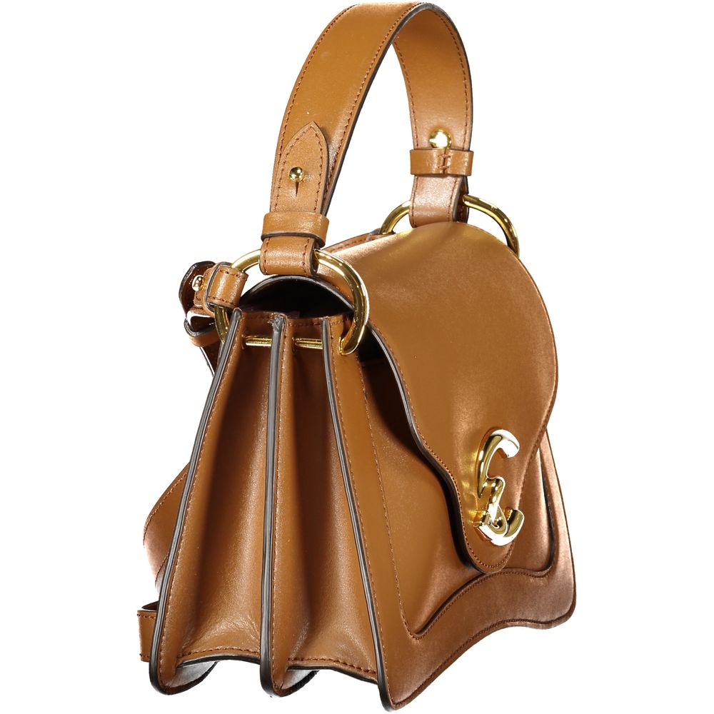 Side view of Coccinelle Brown Leather Women Handbag with adjustable strap and gold accents.