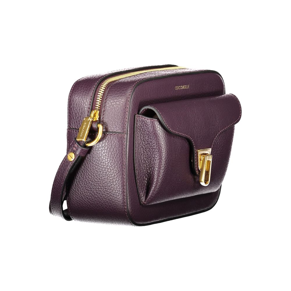 Coccinelle Purple Leather Women Handbag with adjustable strap and twist closure pocket, showcasing Italian craftsmanship.