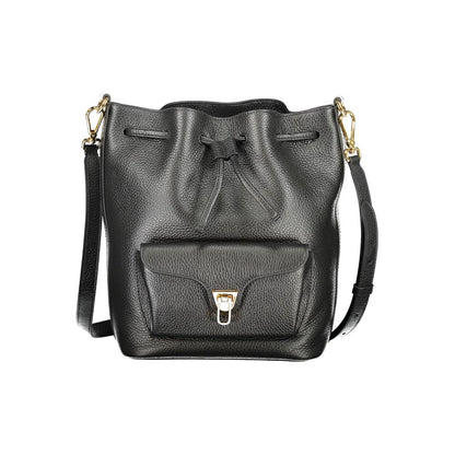 Coccinelle Black Leather Women Handbag featuring adjustable strap and twist closure front pocket for versatile style.