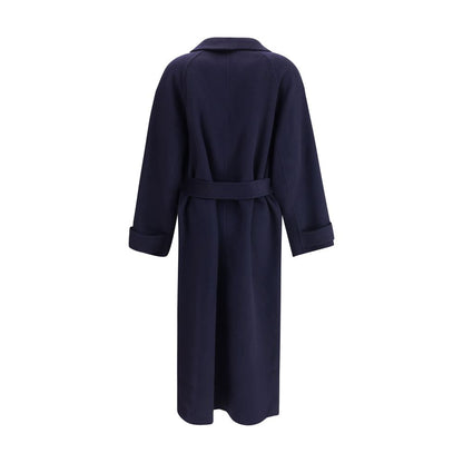 Back view of Dynamis Studio Blue Wool Coat featuring a double-breasted design and built-in belt, perfect for AW25 season.