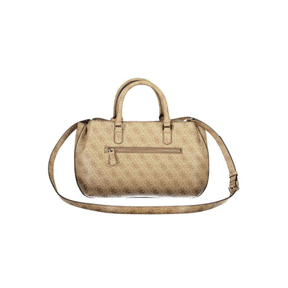 Guess Jeans Beige Polyethylene Women Handbag with dual handles and adjustable strap, featuring multiple pockets for stylish functionality.