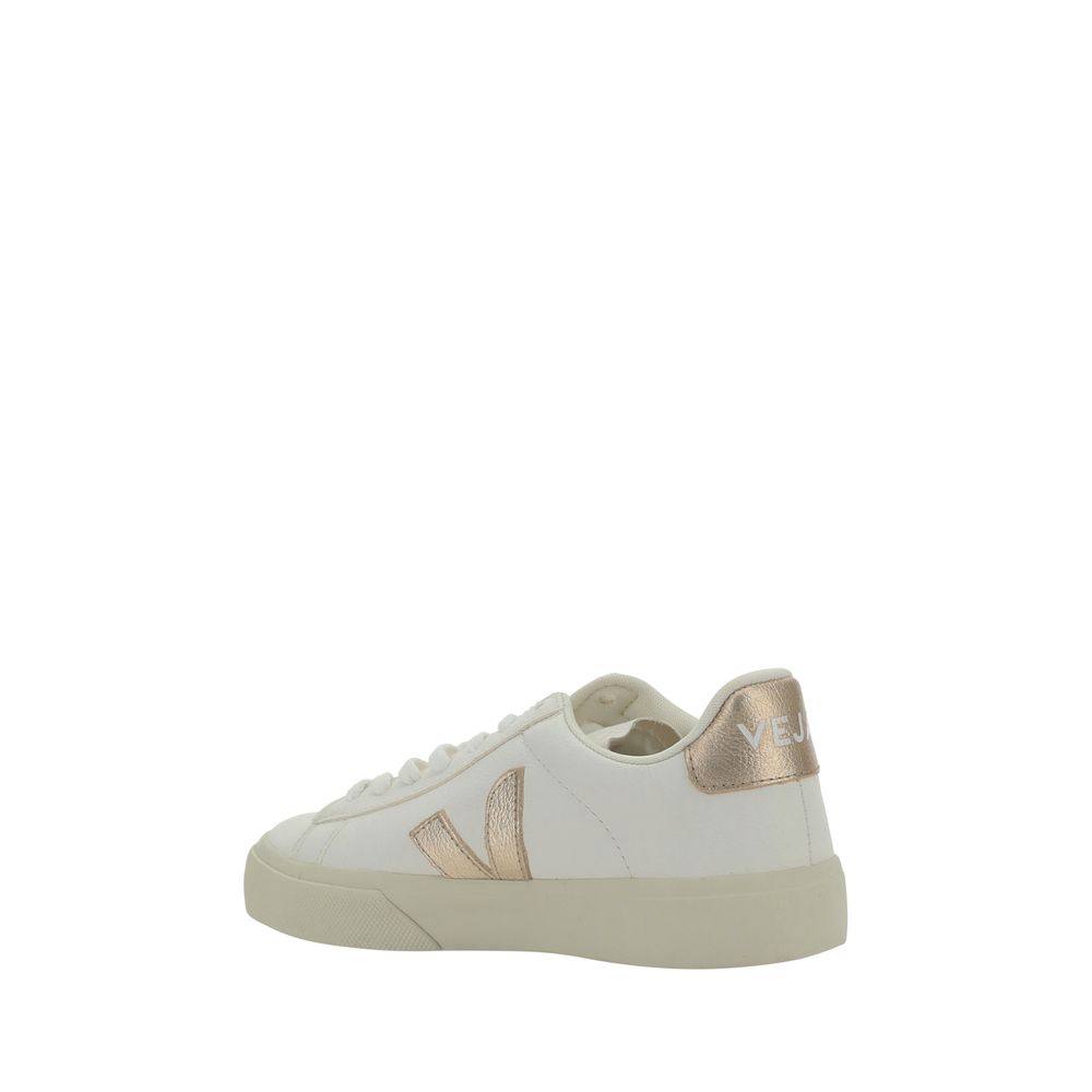 Veja White Calf Leather Bos Taurus Low Top Sneakers with gold accents, side view showing logo and contrasting heel reinforcement.