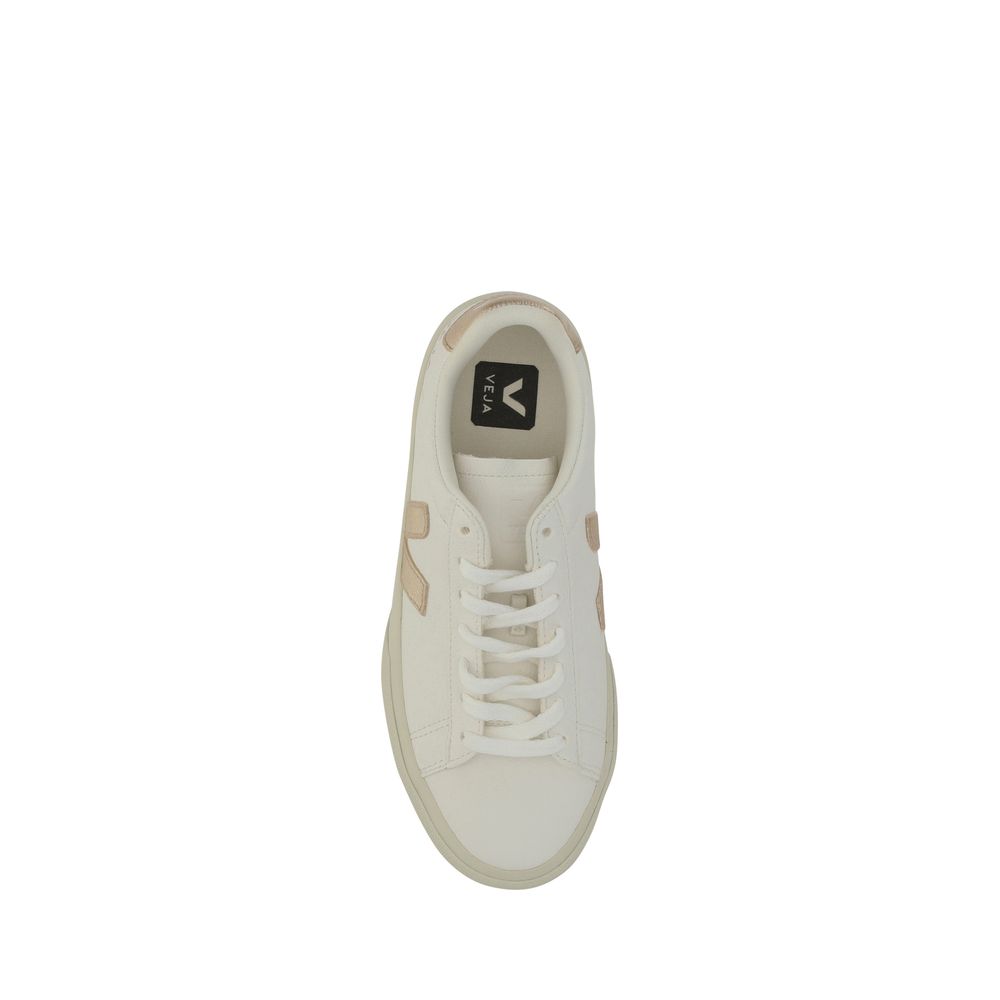 Top view of Veja White Calf Leather Bos Taurus Low Top Sneakers with lace-up closure and logo details on tongue and side.