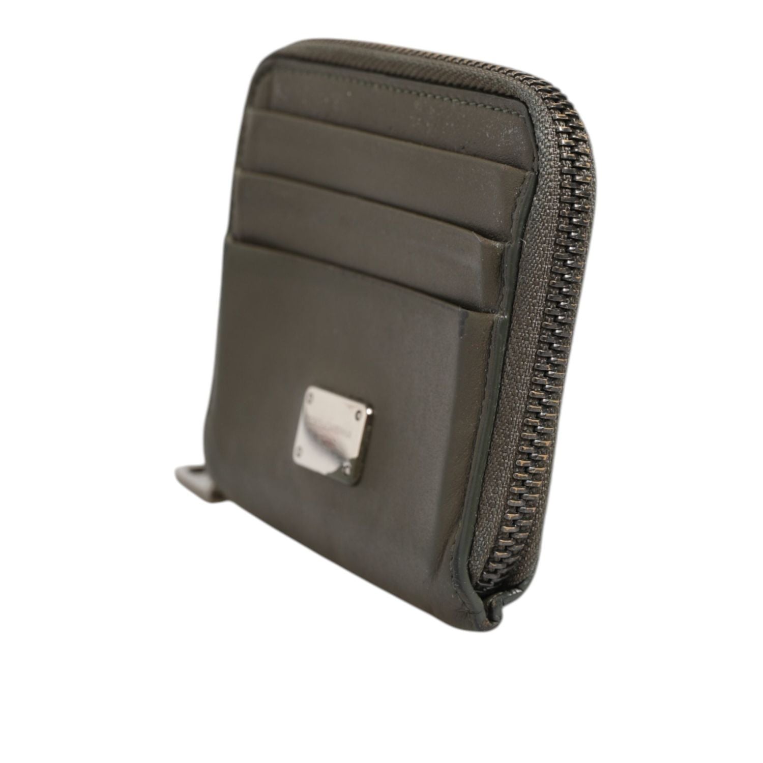 Dolce & Gabbana Military Green Leather Logo Plaque Card Holder Coin Purse Wallet