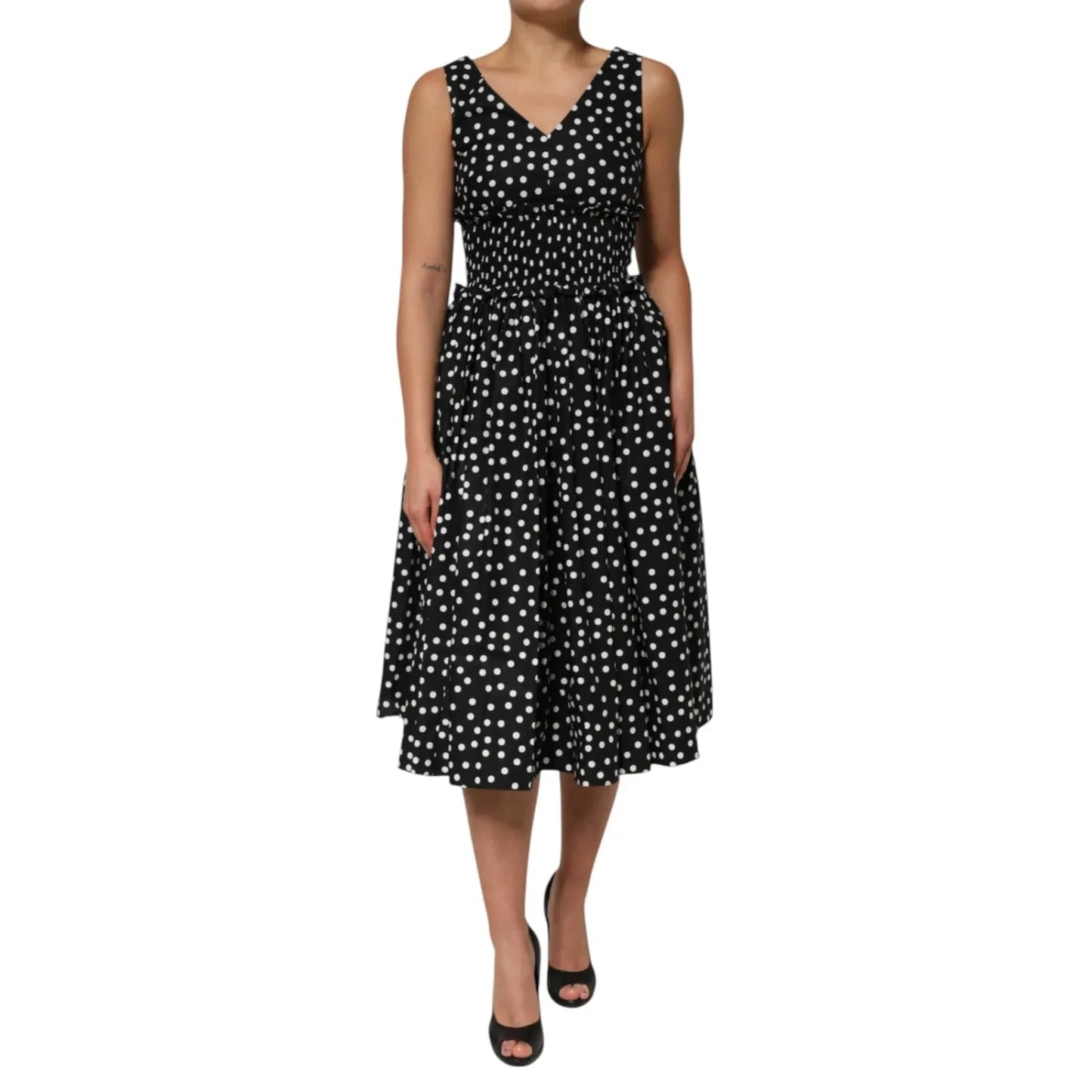 Dolce & Gabbana Black White Cotton Polka Dot Print V Neck Dress