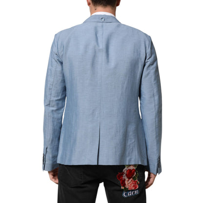 Dolce & Gabbana Light Blue Linen Double Breasted Men Jacket Blazer
