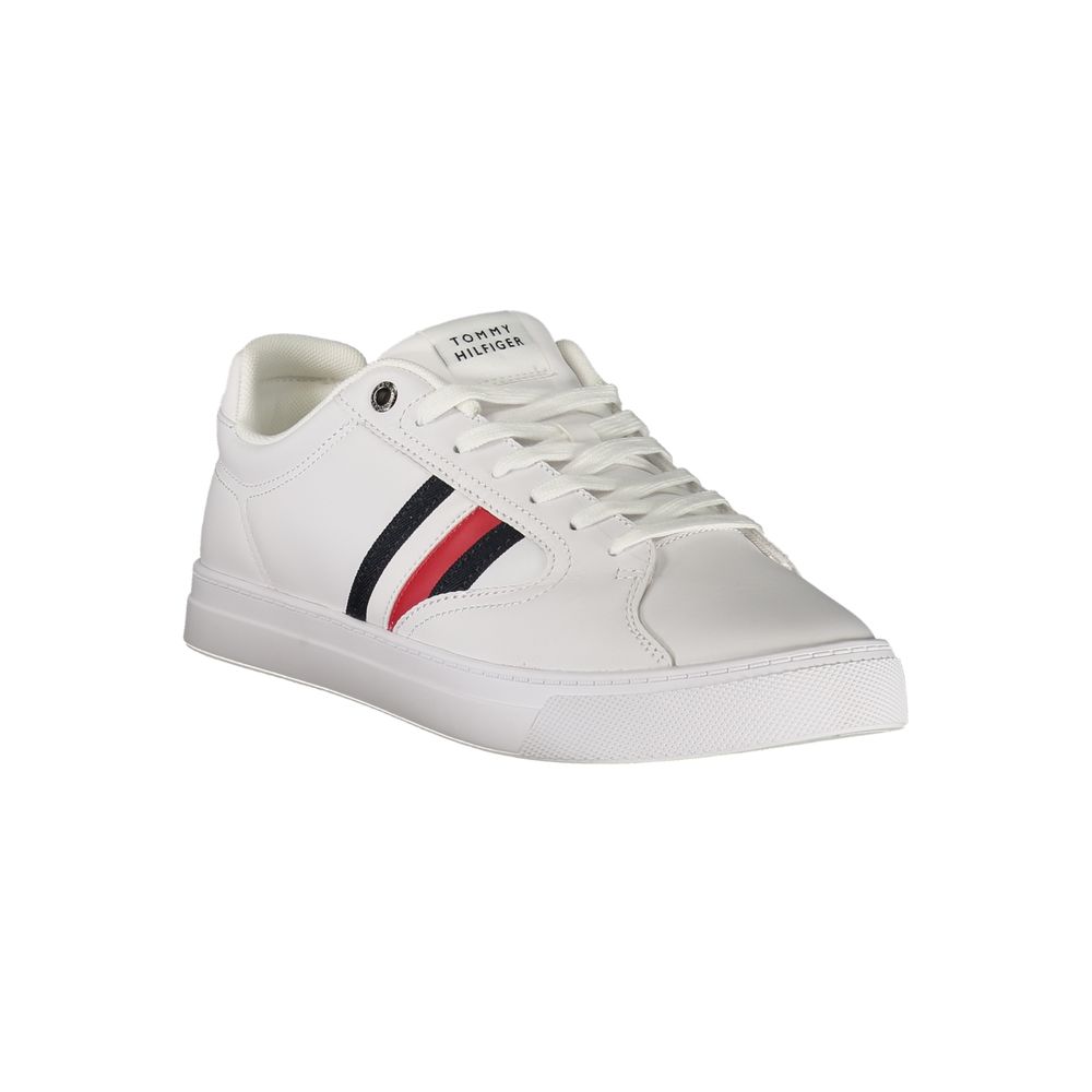 Tommy Hilfiger White Leather Men Sneaker with iconic logo, sleek design, comfortable fit, and standout style.