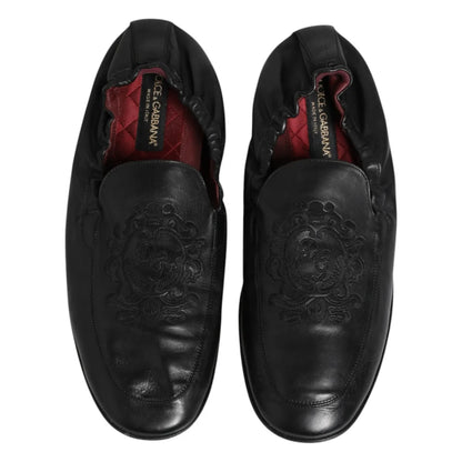 Dolce & Gabbana Black Leather Slip On Men Flat Loafers Shoes