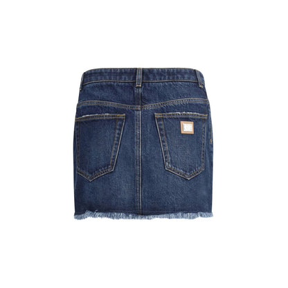 Dolce & Gabbana Blue Cotton Mini Skirt with frayed hem and back logo plaque
