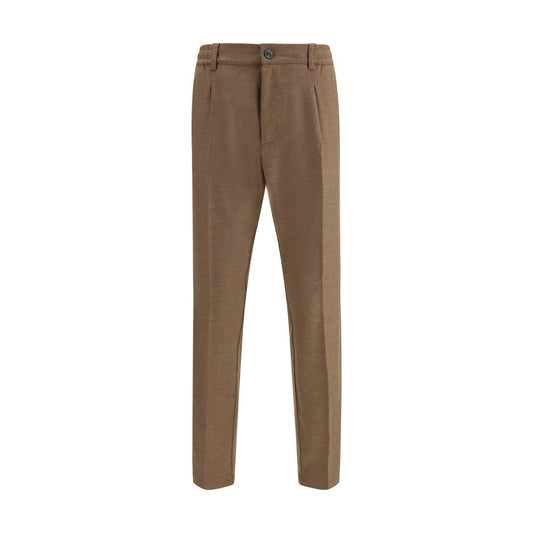 Cruna Brown Fleece Wool Casual Pants with straight-leg design, elasticized waist, and adjustable drawstring, showing two front welt pockets.