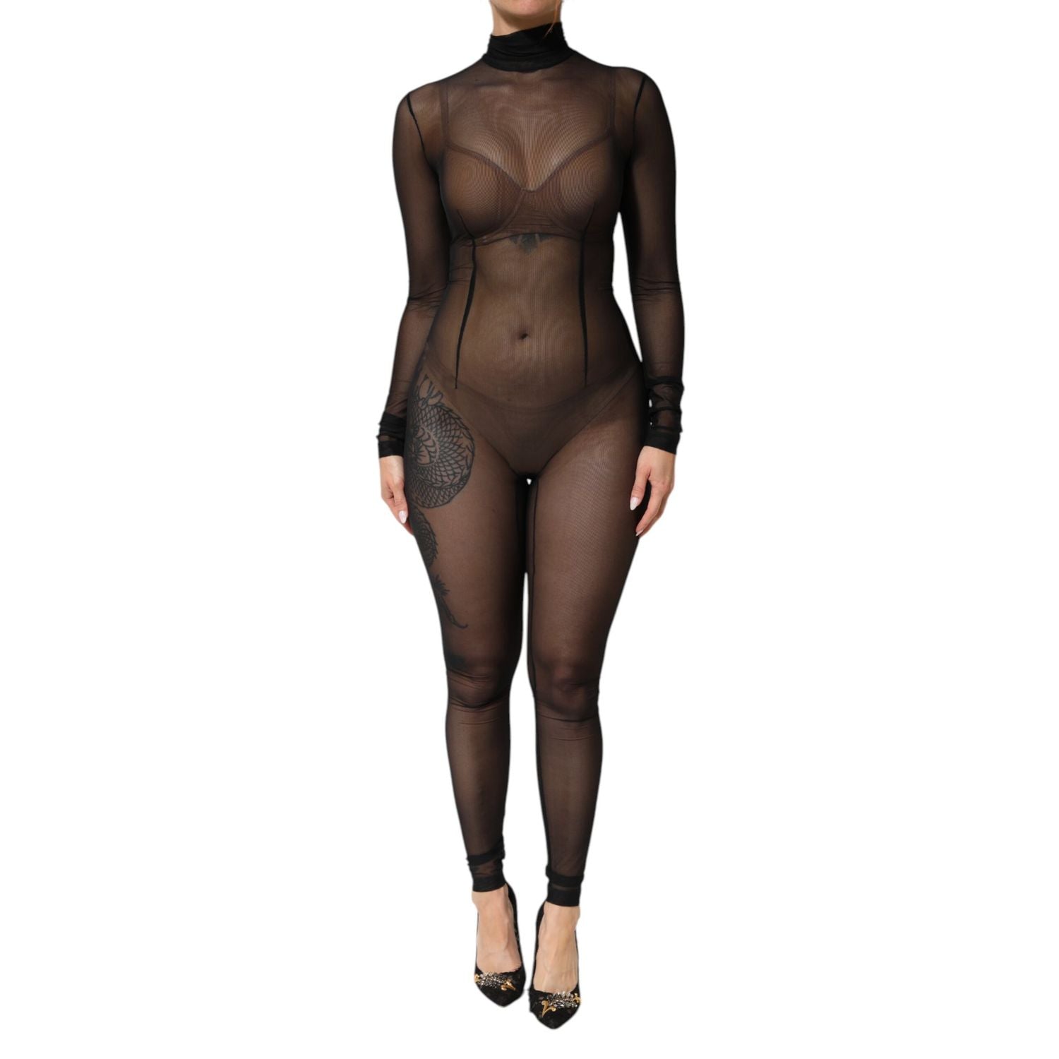 Dolce & Gabbana Black Sheer Mesh Long Sleeve Jumpsuit Bodysuit Dress