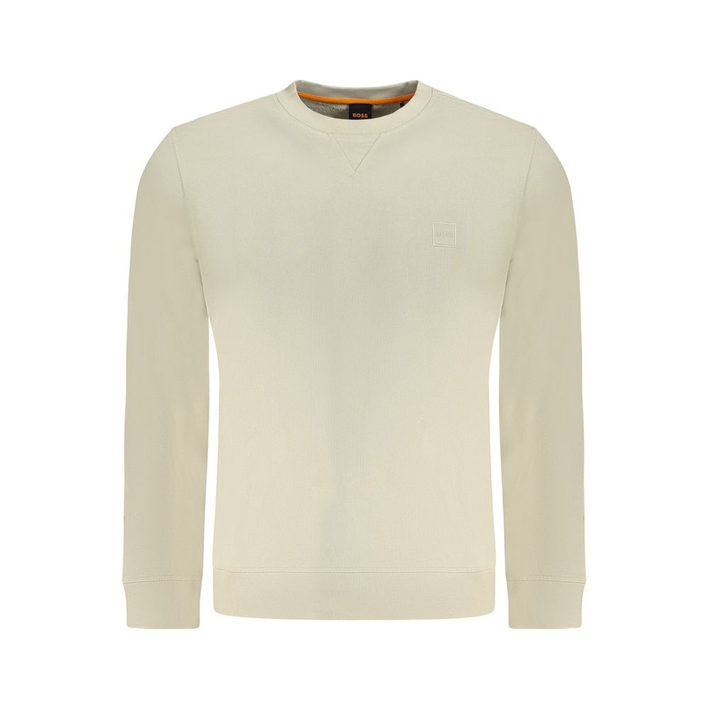 Hugo Boss Beige Cotton Men Sweater with embroidery and logo, crew neck style, showcasing comfort and casual luxury in brushed cotton.