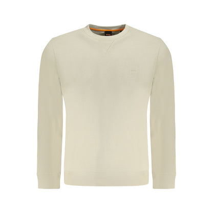 Hugo Boss Beige Cotton Men Sweater with embroidery and logo, crew neck style, showcasing comfort and casual luxury in brushed cotton.