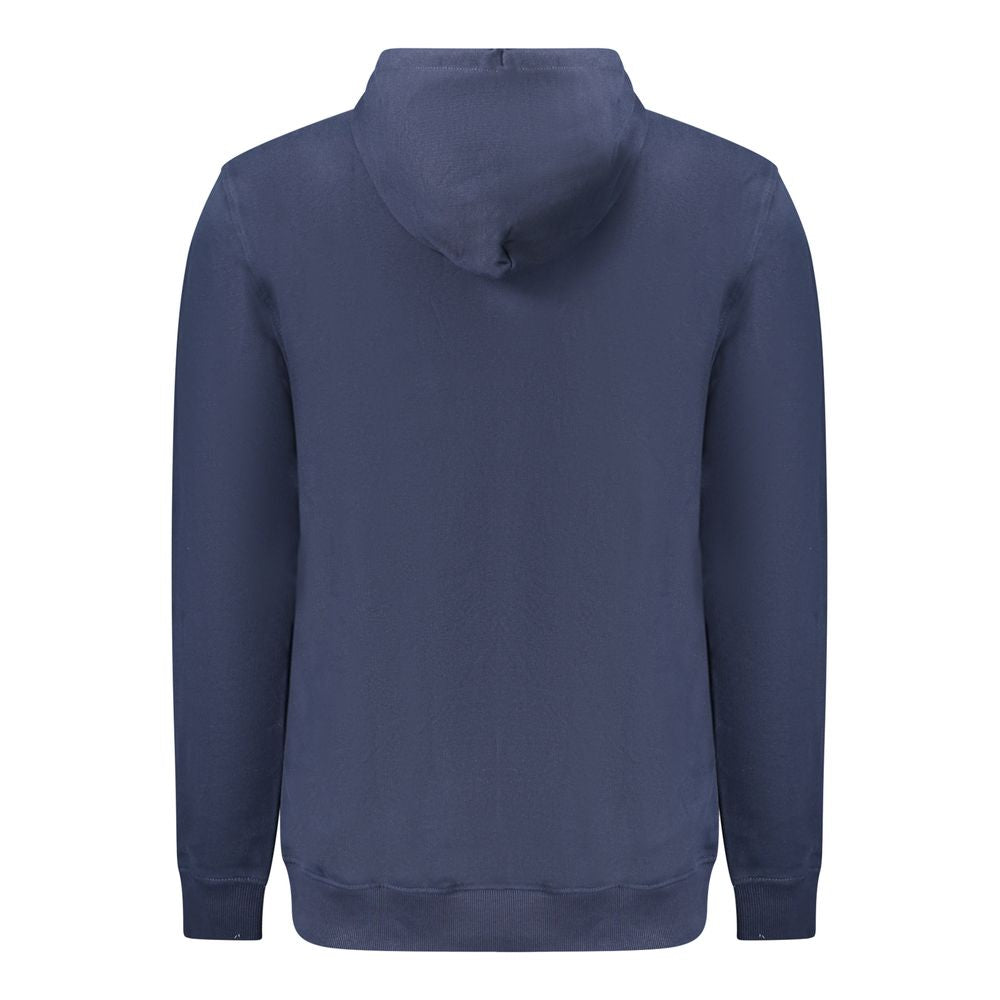 Back view of Tommy Hilfiger Blue Cotton Men Sweater with hood, showcasing eco-friendly material and comfort-focused design.