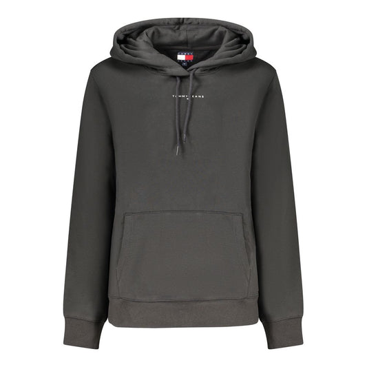 Tommy Hilfiger Black Cotton Women Sweater with hood and central pocket, featuring bold print and iconic logo on front.