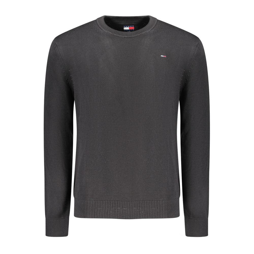 Tommy Hilfiger Black Cotton Men Sweater with crew neck and iconic logo embroidery, made from 95% organic cotton for timeless style.