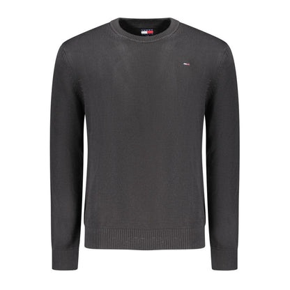 Tommy Hilfiger Black Cotton Men Sweater with crew neck and iconic logo embroidery, made from 95% organic cotton for timeless style.