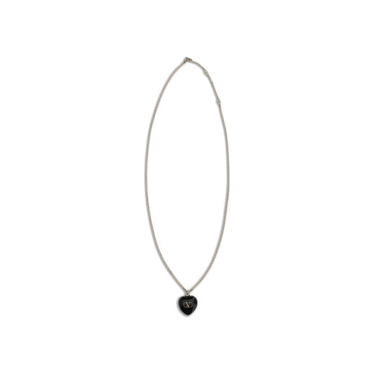 Valentino Garavani Black Brass Necklace with gold-tone finish and Signature VLogo on enamel, featuring adjustable length and lobster clasp.