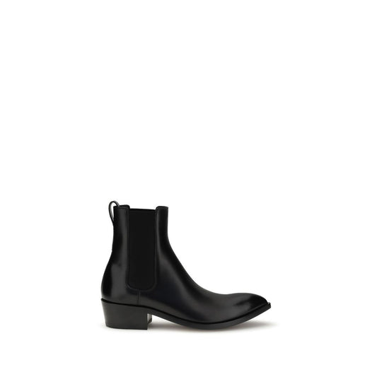 Tom Ford Black Calf Leather Bos Taurus Chelsea Boots with ankle-length construction and side elastic for snug fit.