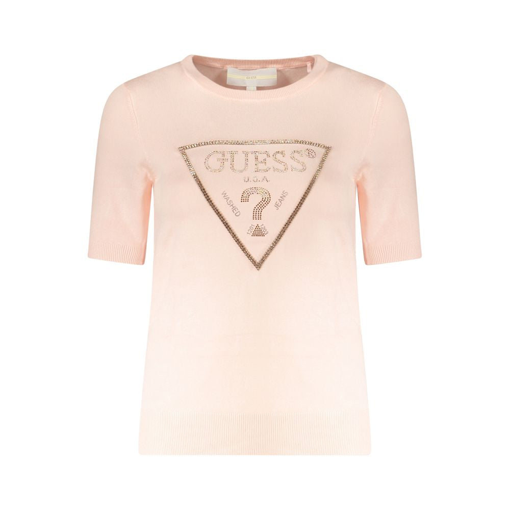 Guess Jeans Pink Viscose Sweater with rhinestone logo and contrasting details, short-sleeved crew neck fashion piece.