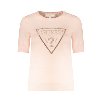 Guess Jeans Pink Viscose Sweater with rhinestone logo and contrasting details, short-sleeved crew neck fashion piece.