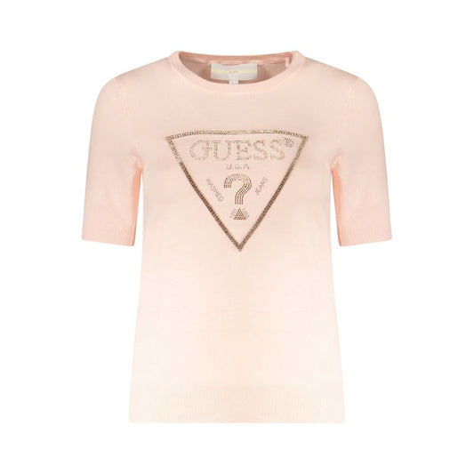 Guess Jeans Pink Viscose Sweater with rhinestone logo and contrasting details, short-sleeved crew neck fashion piece.