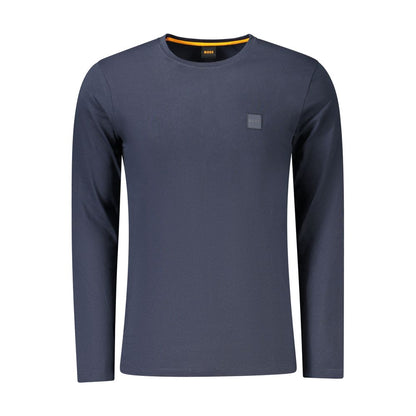 Hugo Boss Blue Cotton Men T-Shirt with long sleeves and crew neck, featuring logo embroidery for casual elegance.