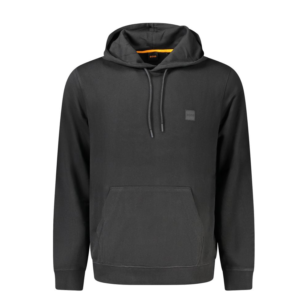 Hugo Boss Black Cotton Men Sweater with hood, featuring a central pocket and intricate embroidery, showcasing urban sophistication and comfort.
