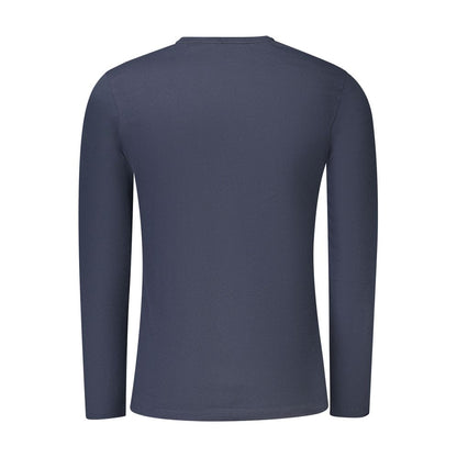 Rear view of Hugo Boss Blue Cotton Men T-Shirt in long-sleeve, crew neck design, showcasing iconic style and comfort.