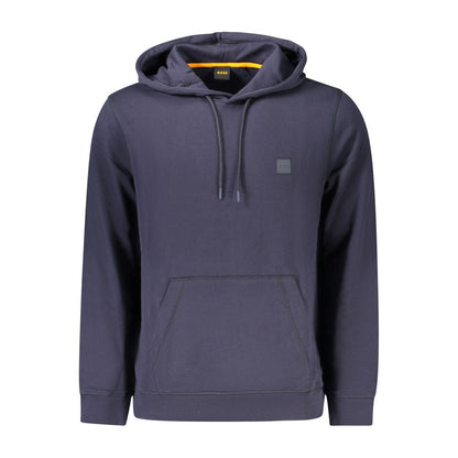 Hugo Boss Blue Cotton Men Sweater with hood, central pocket, and iconic logo embroidery, perfect for casual wear.