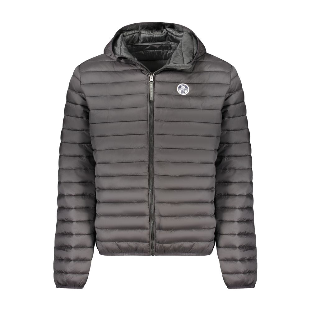 North Sails Black Polyester Men Jacket with hood and padding, showcasing sleek design and functionality.