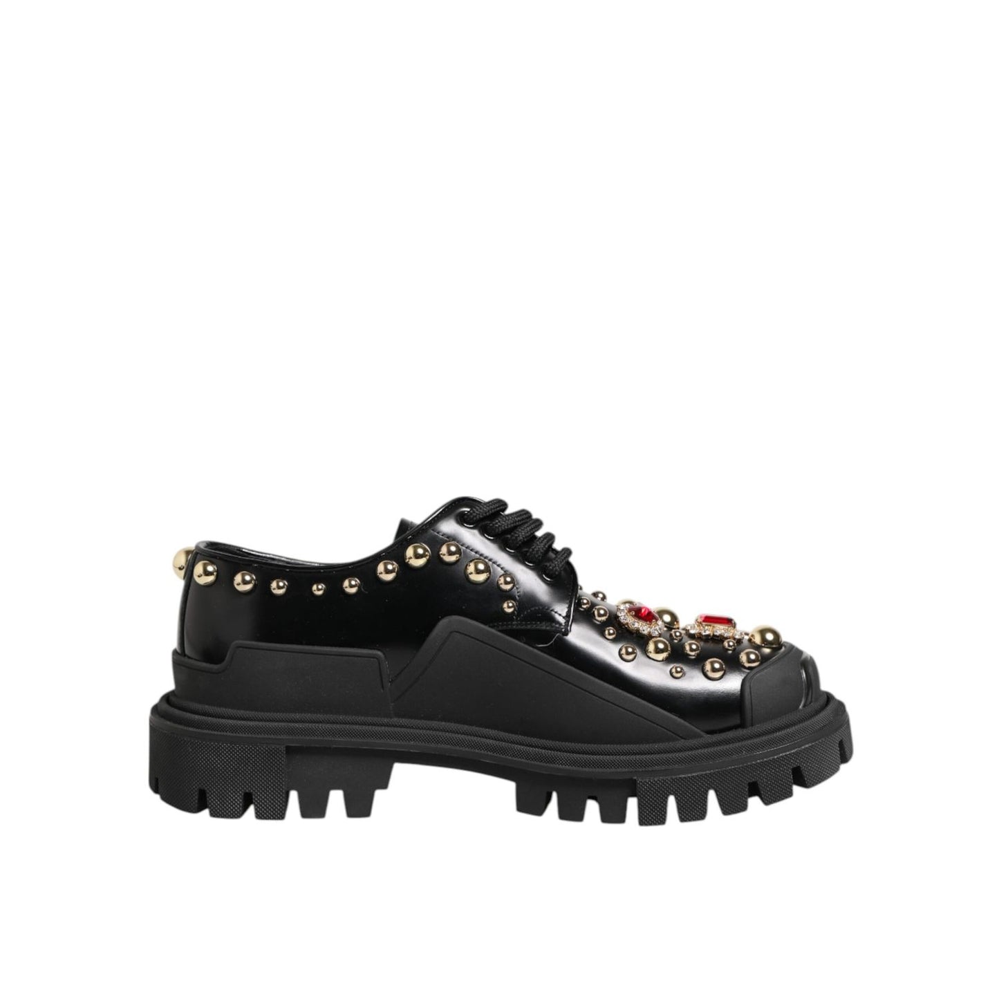 Dolce & Gabbana Black Leather Jeweled Crystals Derby Shoes