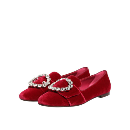 Dolce & Gabbana Red Velvet Crystal Buckle Loafers Flats Shoes
