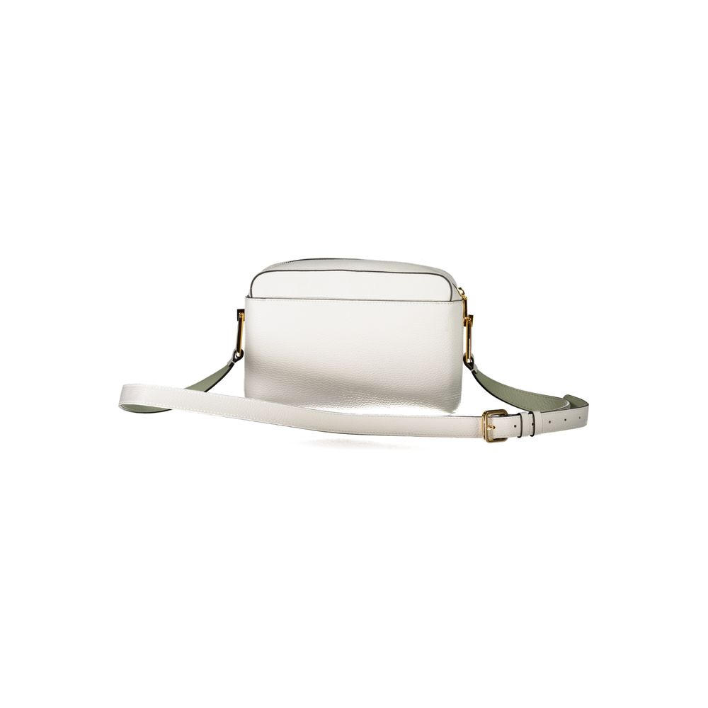 Coccinelle White Leather Handbag with adjustable shoulder strap, contrasting details, and multiple pockets.