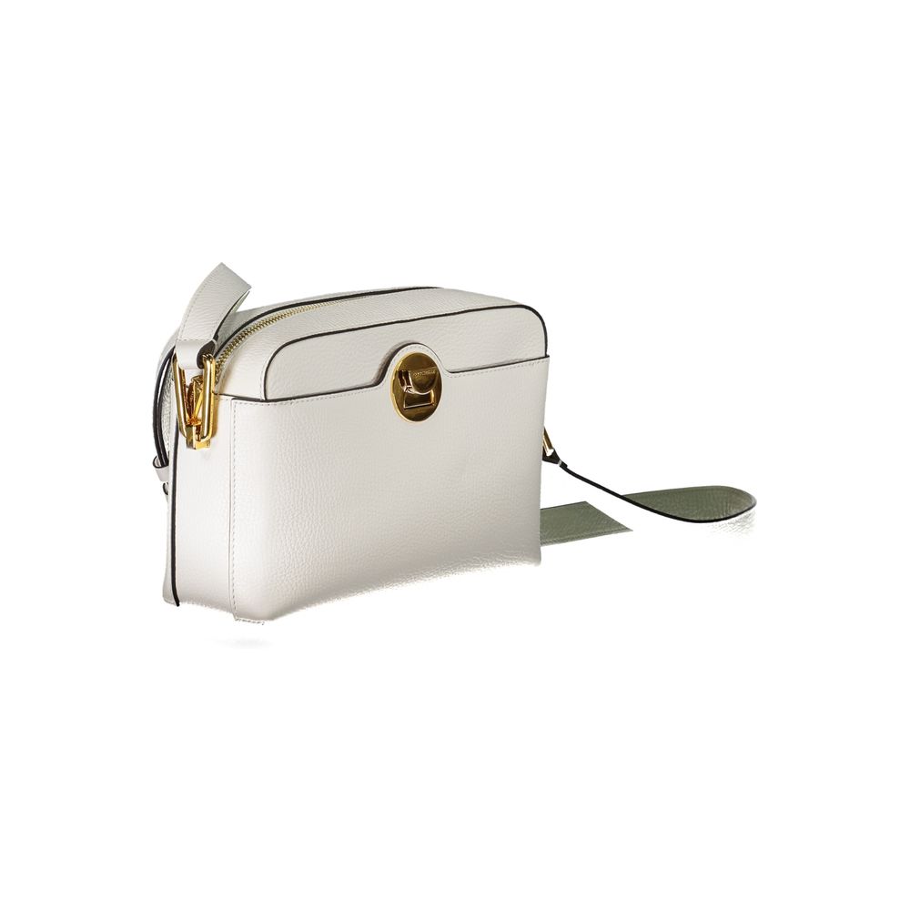 Coccinelle White Leather Handbag with adjustable shoulder strap, external and internal pockets, contrasting details, zipper closure.