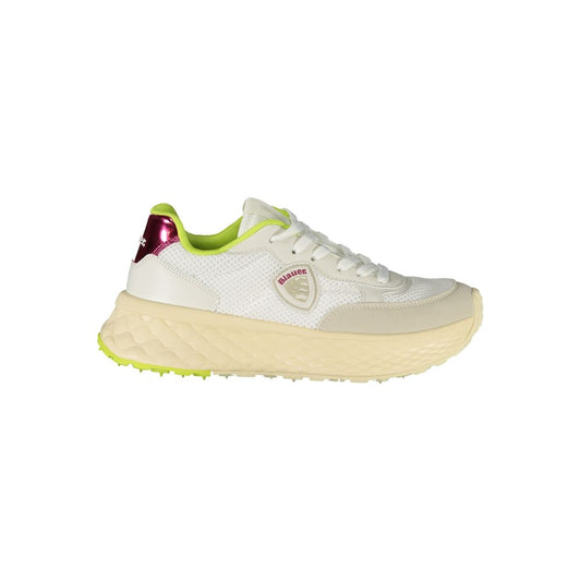 Blauer White Polyester Sneaker with green and fuchsia details, removable insole, and logo application.