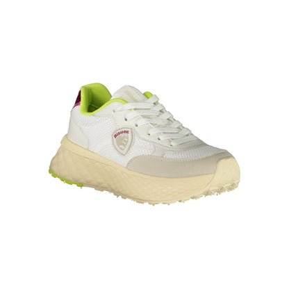 Blauer White Polyester Sneaker with green and fuchsia details, removable insole, and logo, showcasing sporty design and comfort.