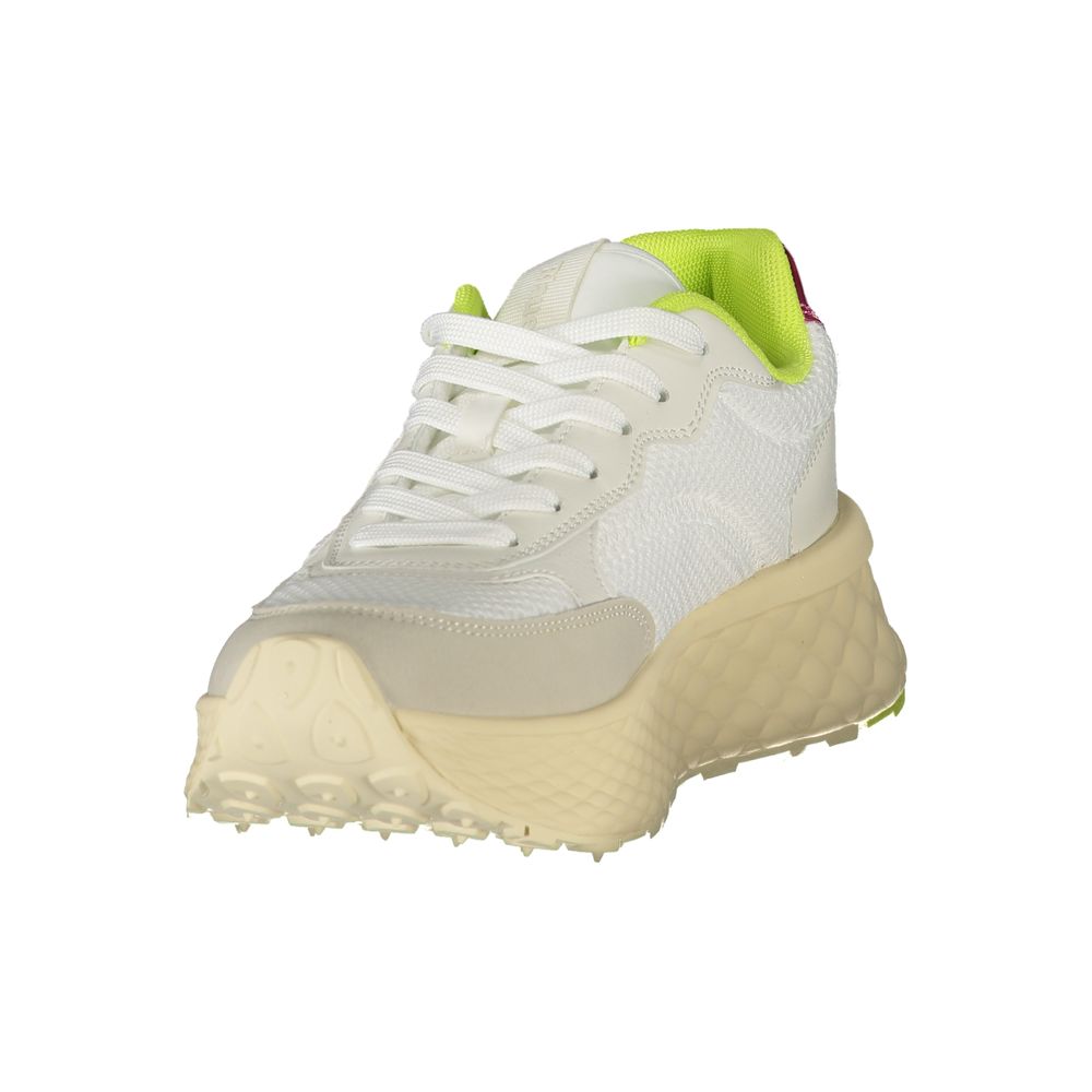 Blauer White Polyester Sneaker with laces, green/fuchsia details, removable insole, and logo application