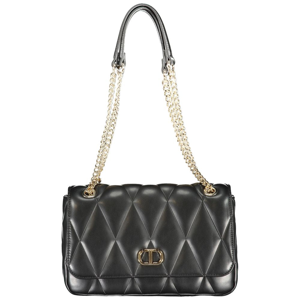 Twinset Black Polyethylene Women Handbag with chain handles and a snap closure, showcasing elegant and practical design.