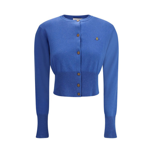 Vivienne Westwood Blue Cotton Cardigan with Orb logo, long sleeves, front button closure, AW25 collection, slim fit, cropped style