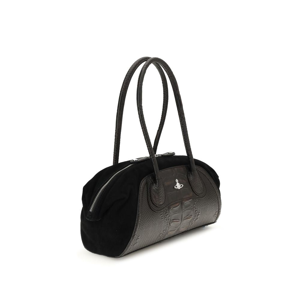 Vivienne Westwood Black Calf Leather Bos Taurus Shoulder Bag with crocodile-embossed design and metallic Orb detail