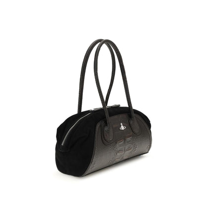 Vivienne Westwood Black Calf Leather Bos Taurus Shoulder Bag with crocodile-embossed design and metallic Orb detail