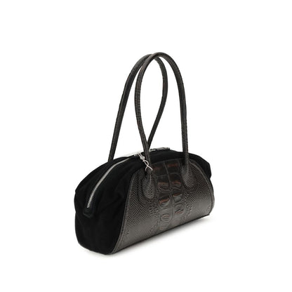 Vivienne Westwood Black Calf Leather Bos Taurus Shoulder Bag with crocodile-embossed detail and suede finish, side view.