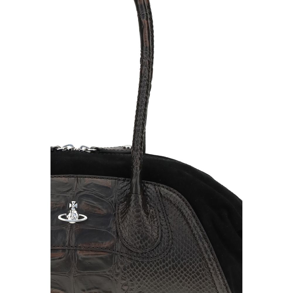 Close-up of Vivienne Westwood Black Calf Leather Bos Taurus Shoulder Bag with crocodile-embossed texture and metallic Orb detail.