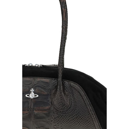 Close-up of Vivienne Westwood Black Calf Leather Bos Taurus Shoulder Bag with crocodile-embossed texture and metallic Orb detail.