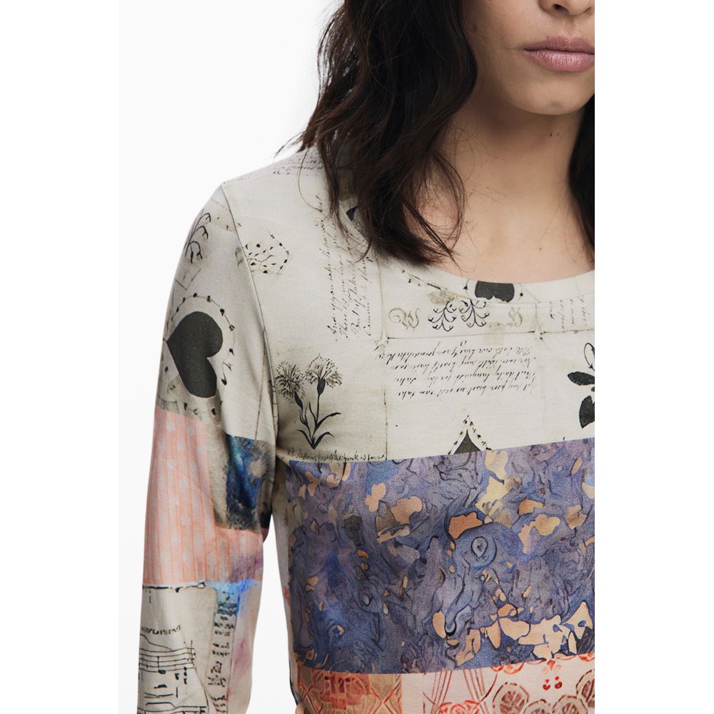 Desigual Beige Viscose Women Top showcasing a bold pattern and wide neck cut for a daring fashion statement.