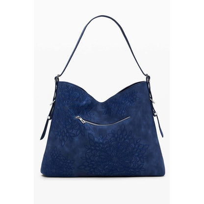 Desigual Blue Polyethylene Women Handbag with adjustable handle and intricate embroidery, showcasing bold flair and practical design.